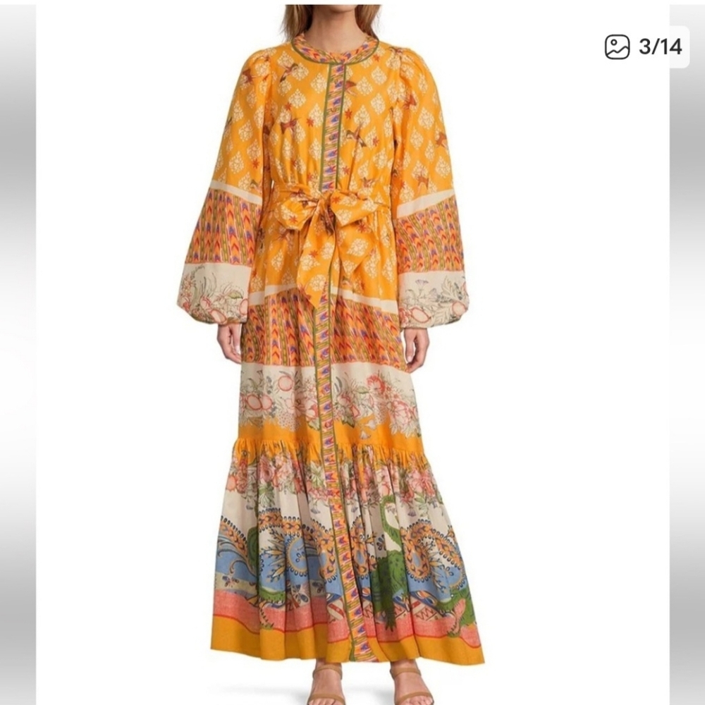 A Loves A Border Print Mandarin Collar Waist Tie Button Front Dress - Picture 3 of 4